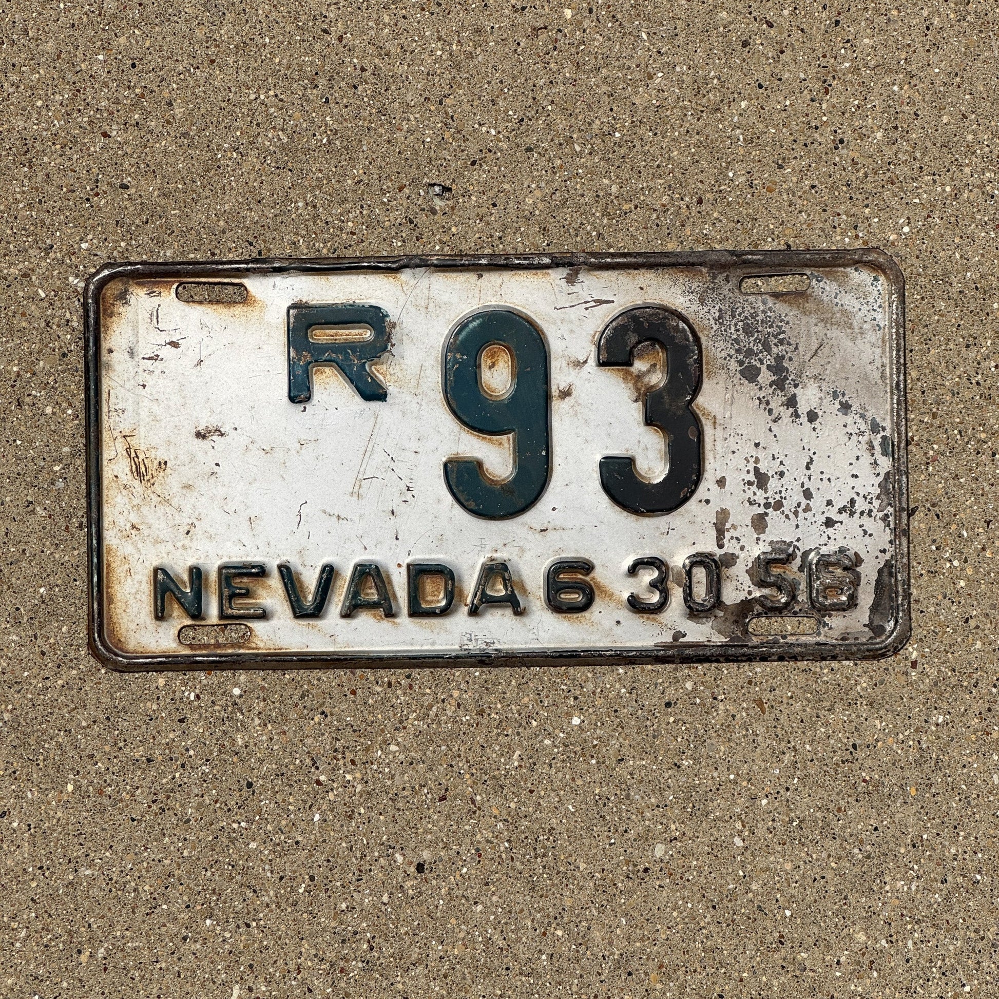 Photo of a 1956 Nevada License Plate Auto Tag Garage Decor Vintage Low Number Two Digit Nye County R 93
