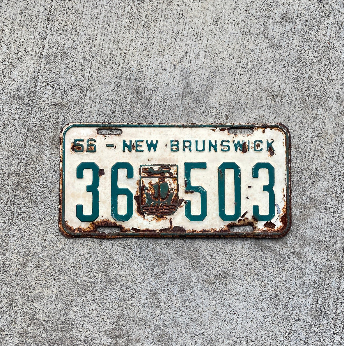 Photo of a 1956 New Brunswick License Plate Auto Tag Garage Decor Vintage Provincial Coat of Arms 36 503 with original patina