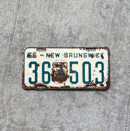 Photo of a 1956 New Brunswick License Plate Auto Tag Garage Decor Vintage Provincial Coat of Arms 36 503 with original patina