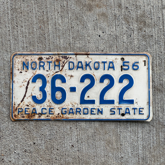 Photo of a 1956 North Dakota License Plate Auto Tag Garage Decor Vintage Repeat Repeating 36 222 with original patina