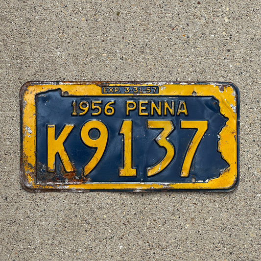 Photo of a 1956 Pennsylvania License Plate Auto Tag Garage Decor Vintage K 9137 with original patina