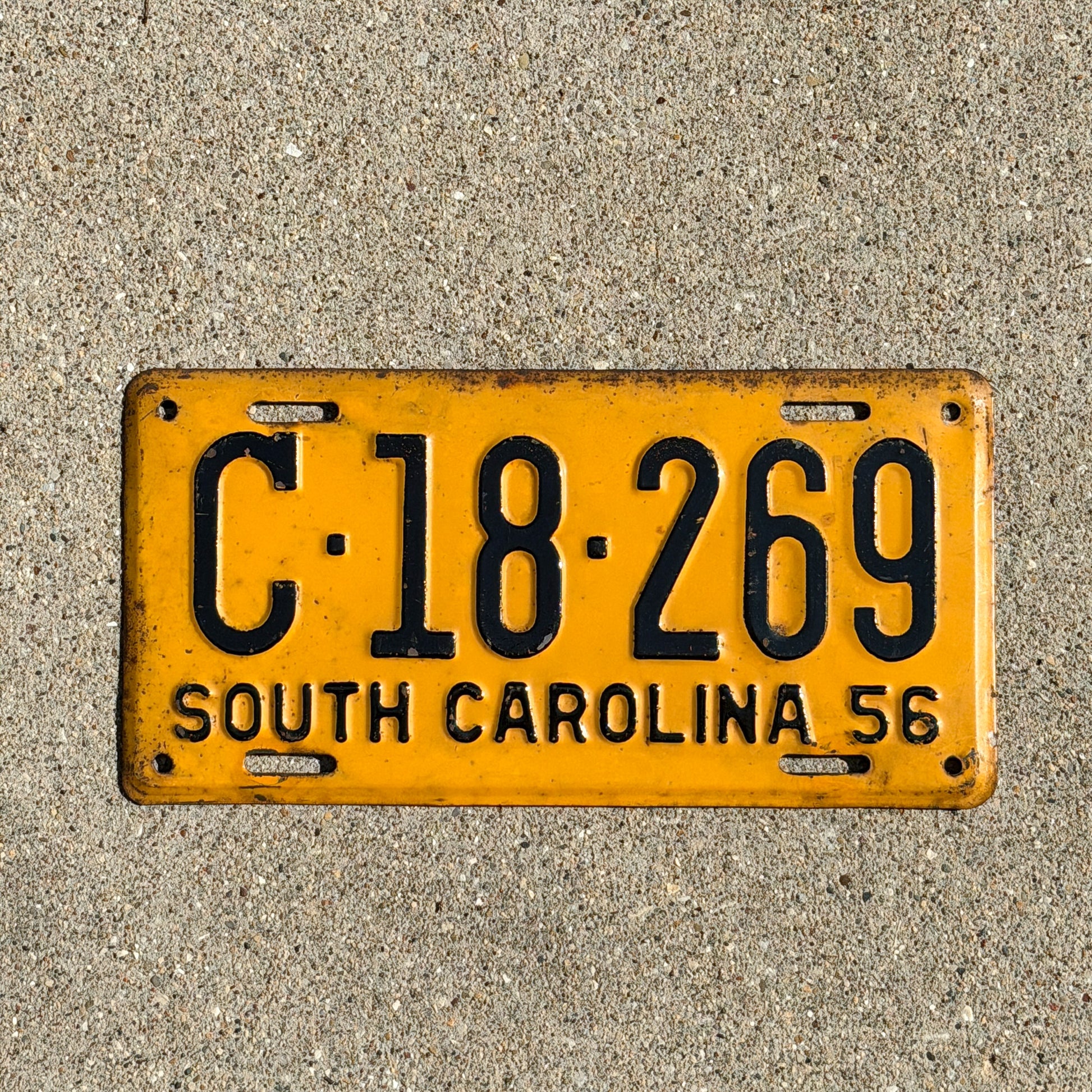 Photo of a 1956 South Carolina License Plate Auto Tag Garage Decor Vintage C 18 269 with original patina
