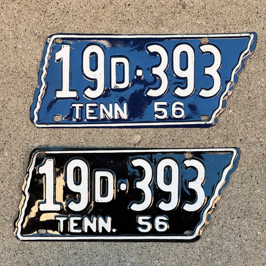 Photo of a 1956 Tennessee License Plate Pair Auto Tag Garage Decor Vintage State Shape 19 D 393