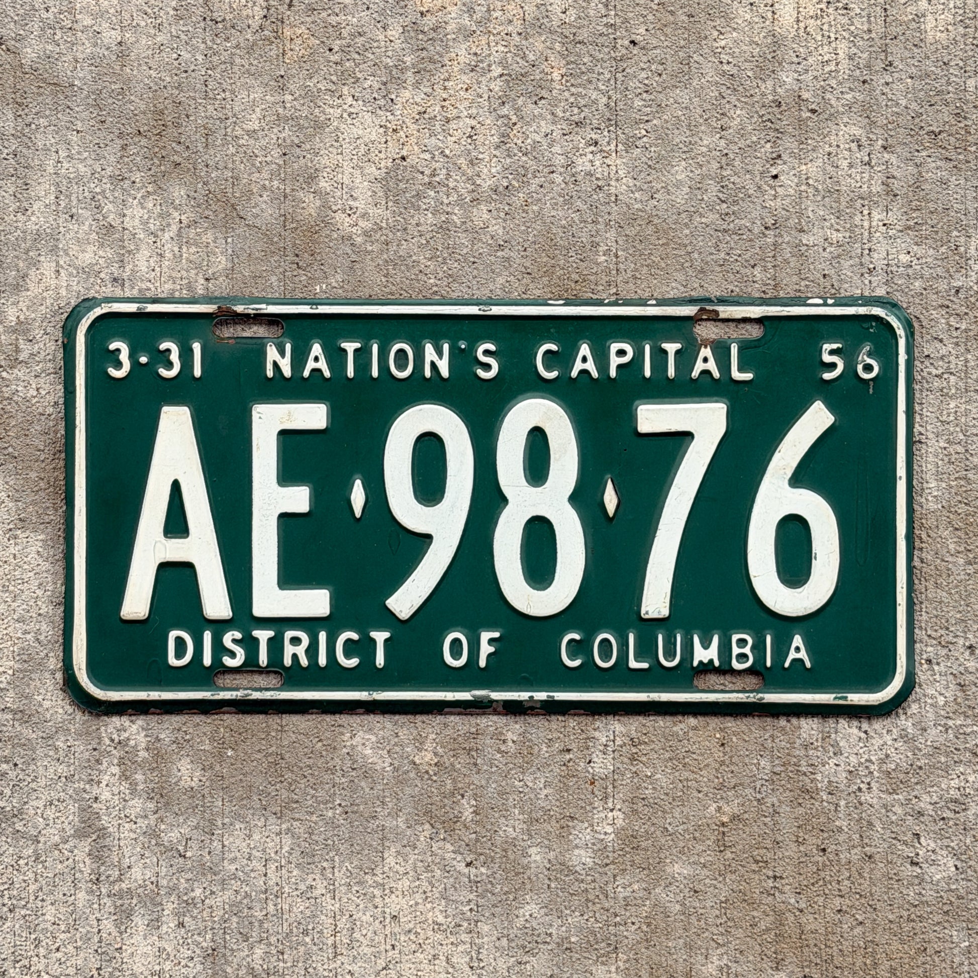 Photo of a 1956 Washington DC License Plate Auto Tag Garage Decor Vintage AE 98 76 with original patina