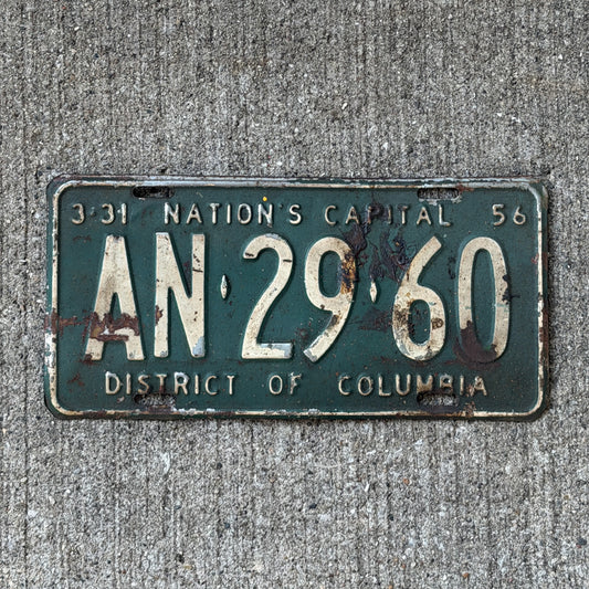 Photo of a 1956 Washington DC License Plate Auto Tag Garage Decor Vintage AN 29 60 with original patina