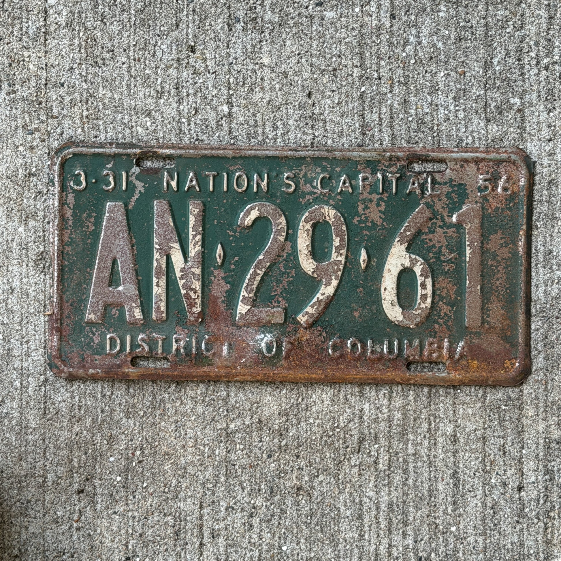 Photo of a 1956 Washington DC License Plate Auto Tag Garage Decor Vintage AN 29 61 with original patina