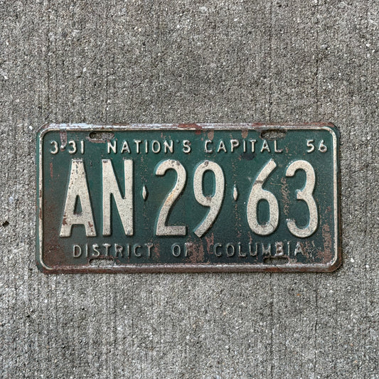 Photo of a 1956 Washington DC License Plate Auto Tag Garage Decor Vintage AN 29 63 with original patina
