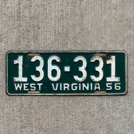 Photo of a 1956 West Virginia License Plate Auto Tag Garage Decor Vintage 136 331 with original patina