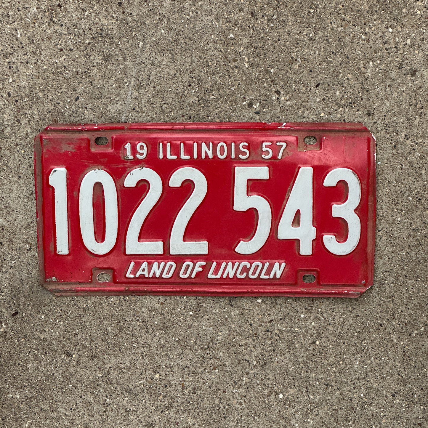 Photo of a 1957 Illinois License Plate Auto Tag 2 Vintage Garage 1 022 543 with original patina