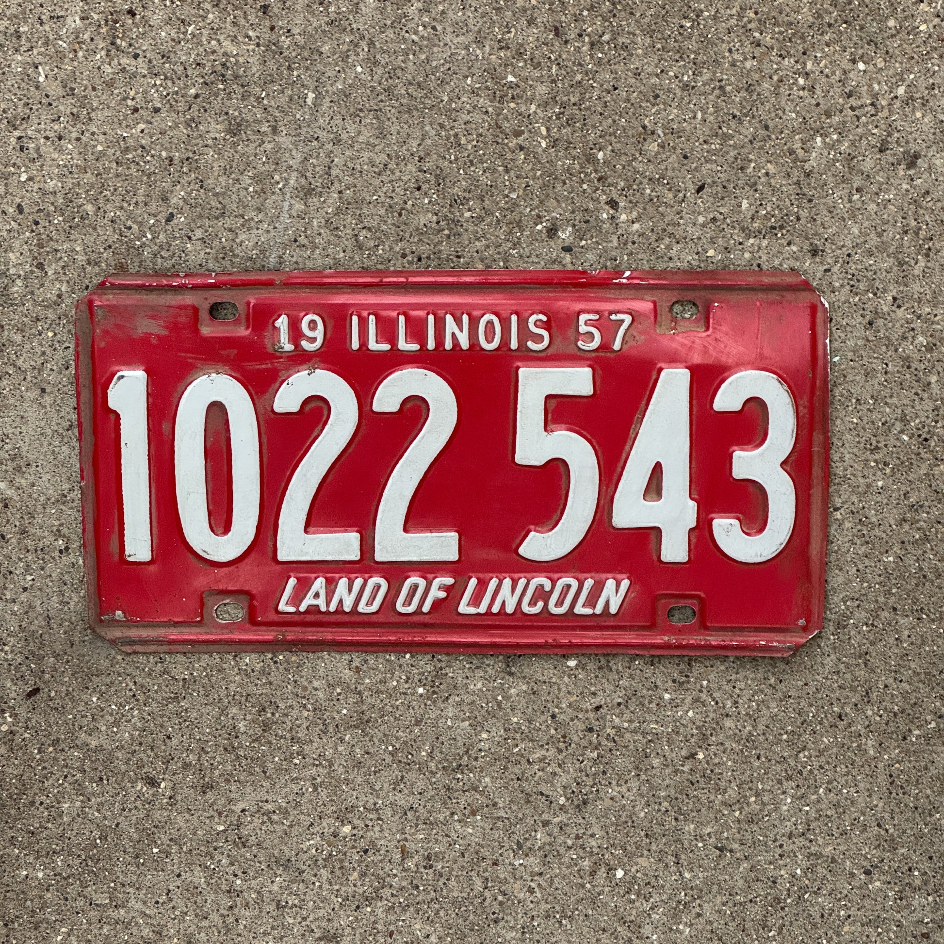 Photo of a 1957 Illinois License Plate Auto Tag 2 Vintage Garage 1 022 543 with original patina