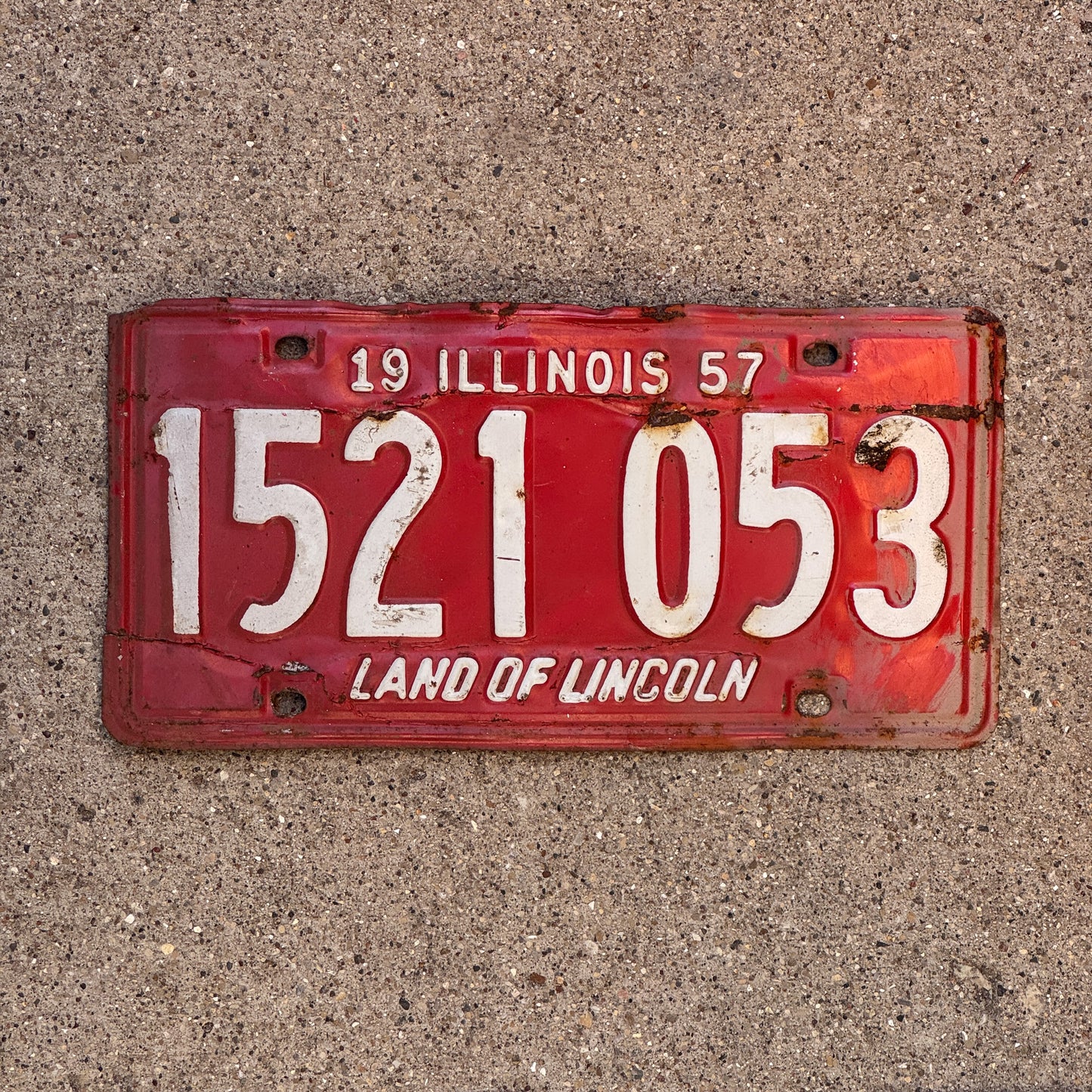 Photo of a 1957 Illinois License Plate Auto Tag 2 Vintage Garage 1 521 053 with original patina