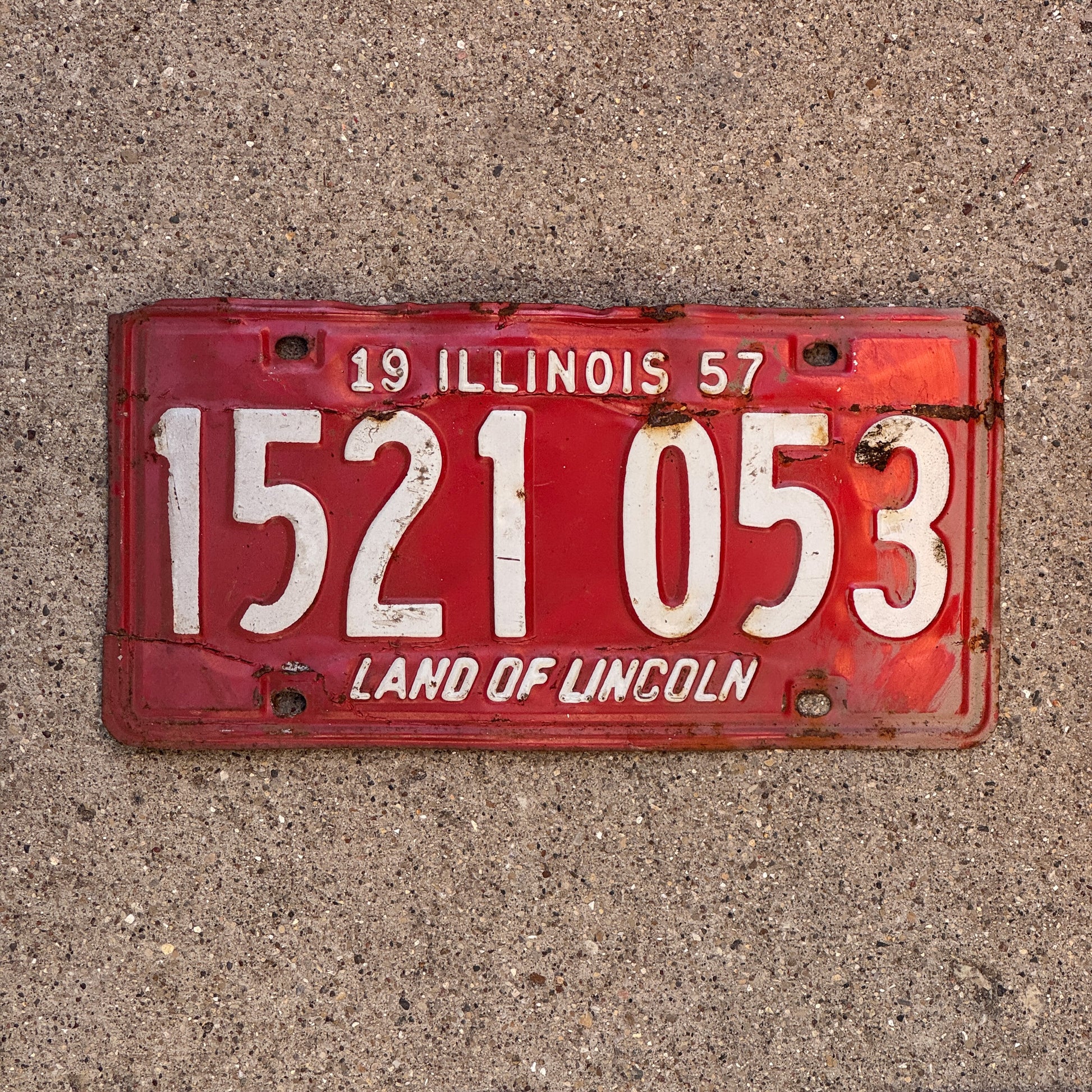 Photo of a 1957 Illinois License Plate Auto Tag 2 Vintage Garage 1 521 053 with original patina