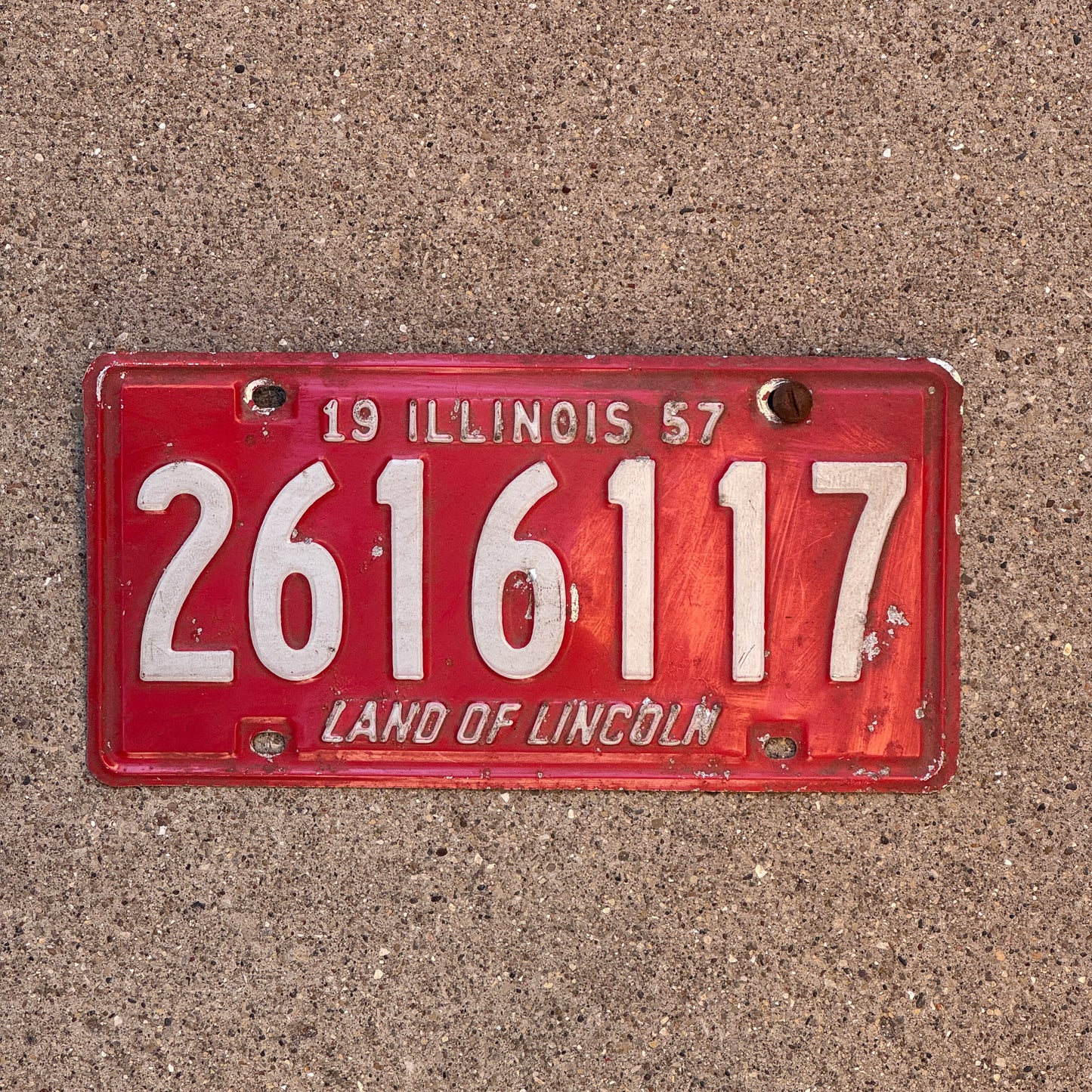 Photo of a 1957 Illinois License Plate Auto Tag 2 Vintage Garage 2 616 117 with original patina