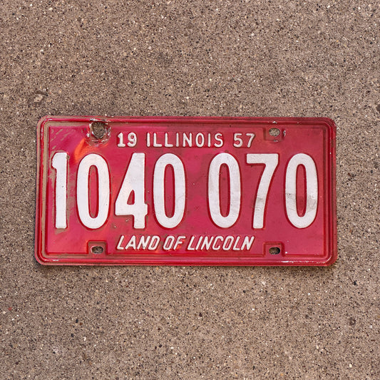 Photo of a 1957 Illinois License Plate Auto Tag Garage Decor Vintage 1 040 070 with original patina