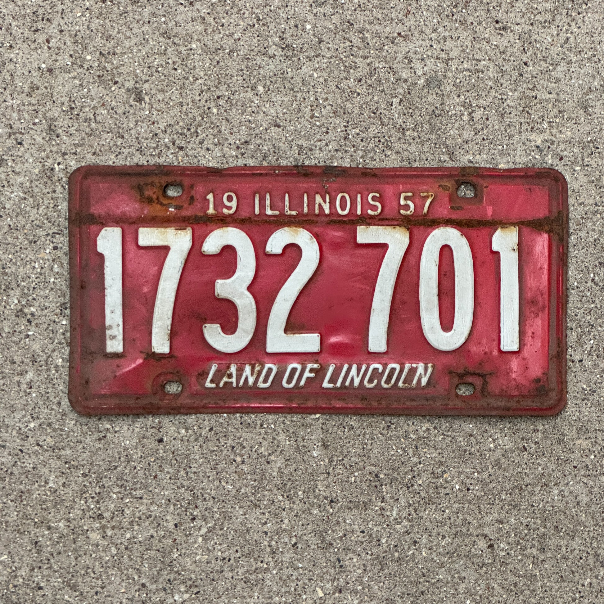 Photo of a 1957 Illinois License Plate Auto Tag Garage Decor Vintage 1 732 701 with original patina