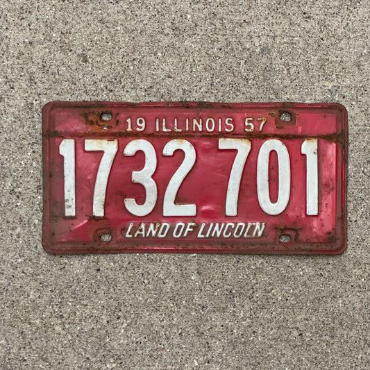 Photo of a 1957 Illinois License Plate Auto Tag Garage Decor Vintage 1 732 701 with original patina