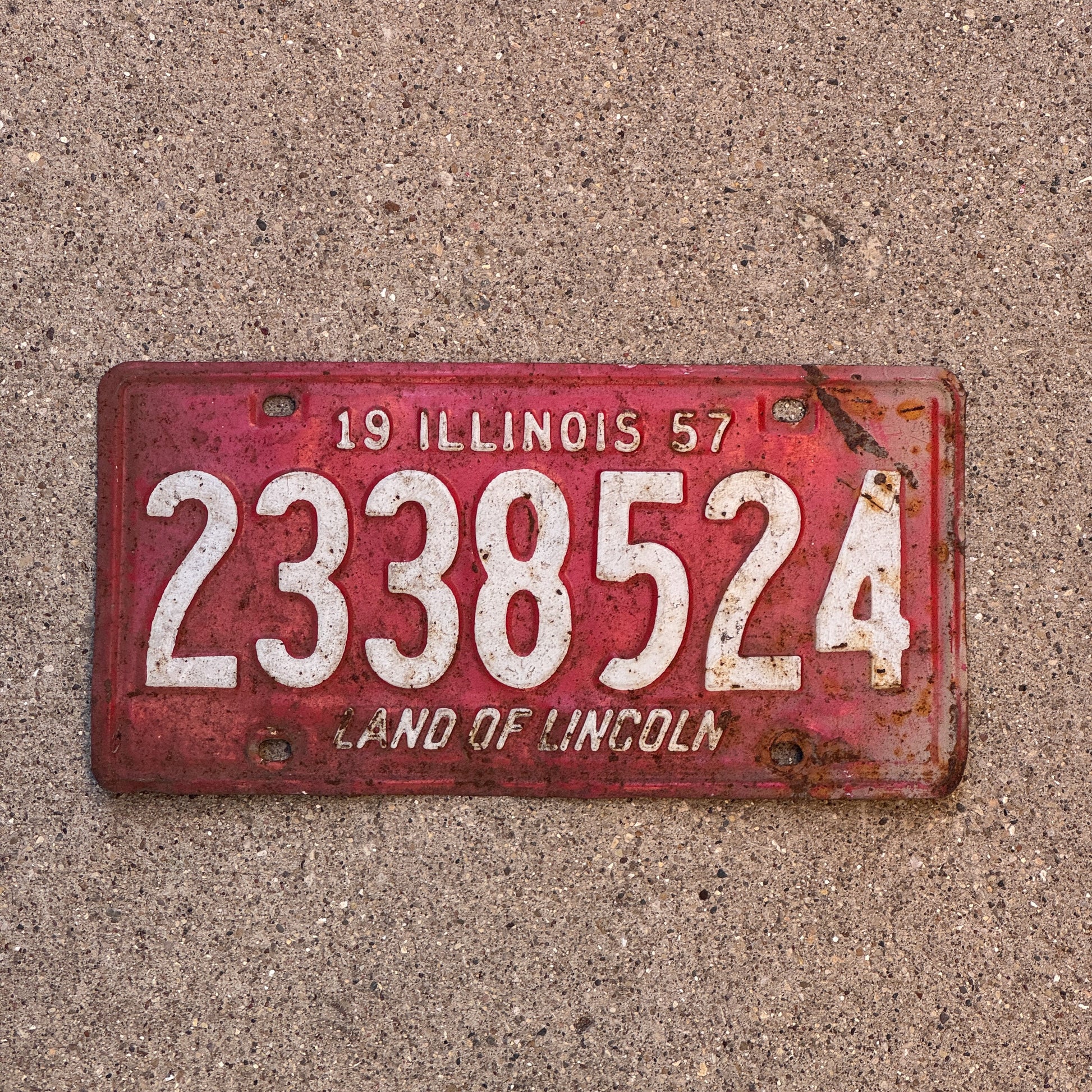Photo of a 1957 Illinois License Plate Auto Tag Garage Decor Vintage 2 338 524 with original patina