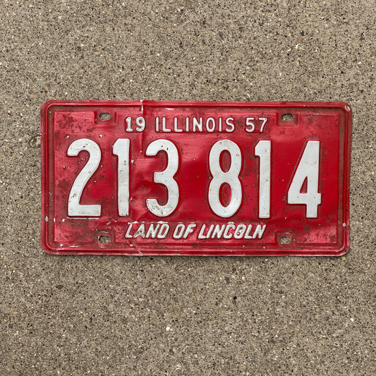 Photo of a 1957 Illinois License Plate Auto Tag Garage Decor Vintage 213 814 with original patina