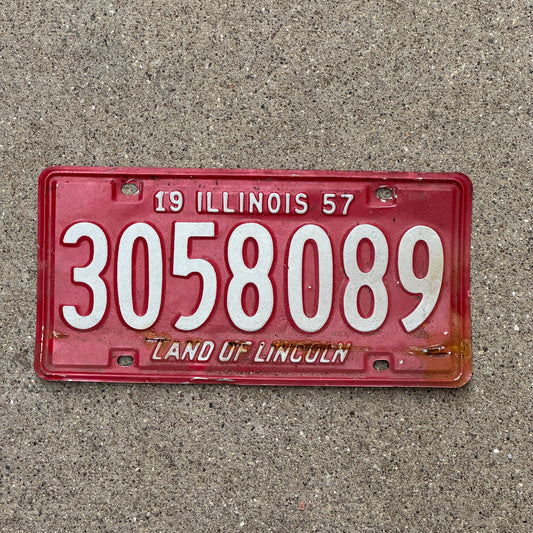 Photo of a 1957 Illinois License Plate Auto Tag Garage Decor Vintage 3 058 089 with original patina
