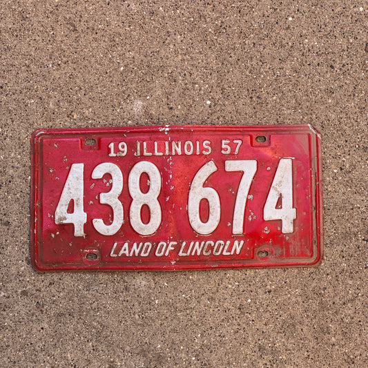 Photo of a 1957 Illinois License Plate Auto Tag Garage Decor Vintage 438 674 with original patina