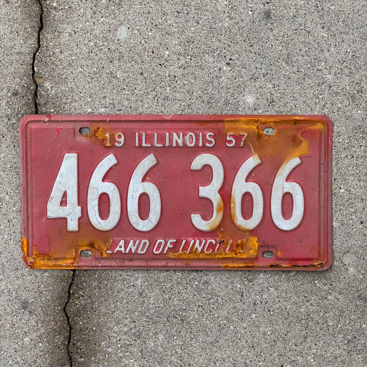 Photo of a 1957 Illinois License Plate Auto Tag Garage Decor Vintage 466 366 with original patina