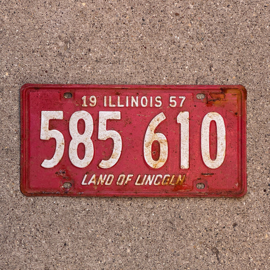Photo of a 1957 Illinois License Plate Auto Tag Garage Decor Vintage 585 610 with original patina