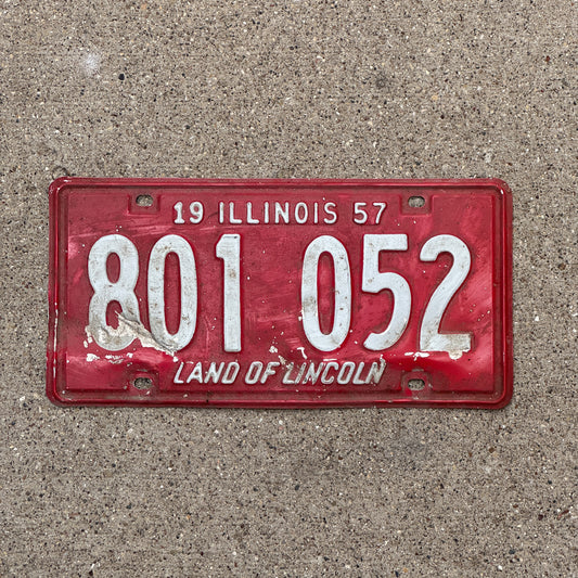 Photo of a 1957 Illinois License Plate Auto Tag Garage Decor Vintage 801 052 with original patina