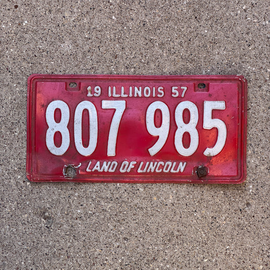 Photo of a 1957 Illinois License Plate Auto Tag Garage Decor Vintage 807 985 with original patina