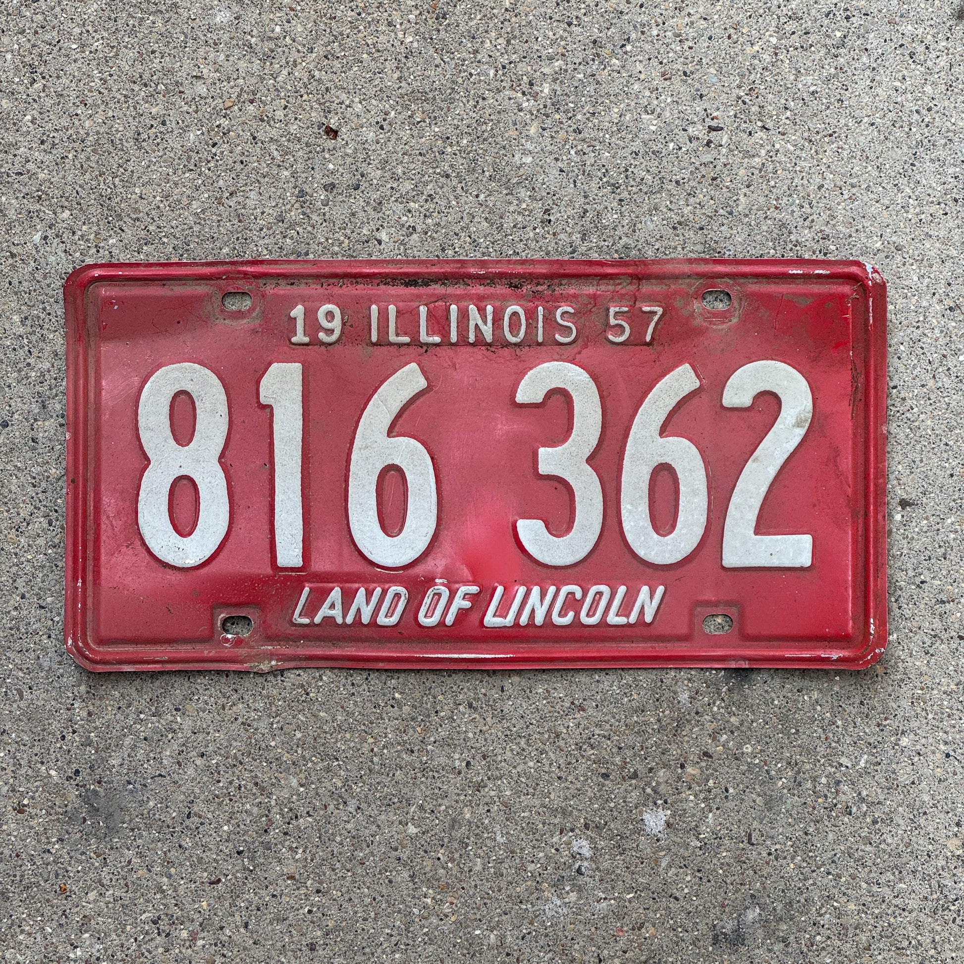 Photo of a 1957 Illinois License Plate Auto Tag Garage Decor Vintage 816 362 with original patina