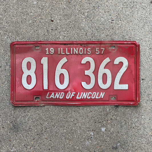 Photo of a 1957 Illinois License Plate Auto Tag Garage Decor Vintage 816 362 with original patina