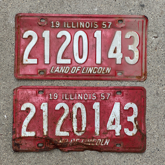 Photo of a 1957 Illinois License Plate Pair Auto Tag Garage Decor Vintage 2 120 143 with original patina