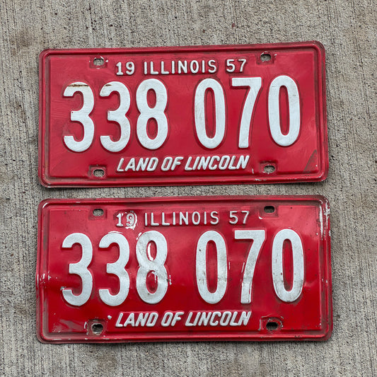 Photo of a 1957 Illinois License Plate Pair Auto Tag Garage Decor Vintage 338 070 with original patina