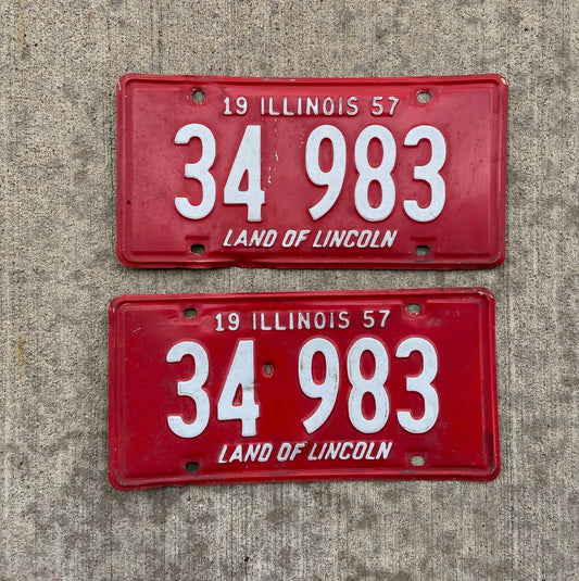 Photo of a 1957 Illinois License Plate Pair Auto Tag Garage Decor Vintage 34983 with original patina