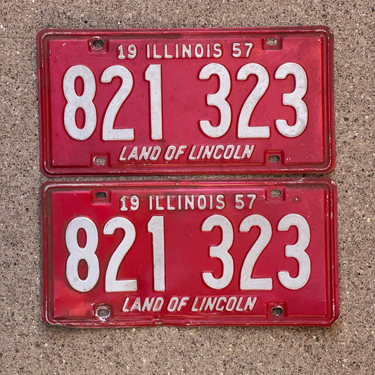 Photo of a 1957 Illinois License Plate Pair Auto Tag Garage Decor Vintage 821 323 with original patina