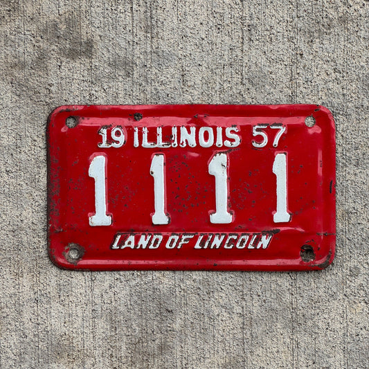 Photo of a 1957 Illinois Motorcycle License Plate Auto Tag Garage Decor Vintage Repeat Repeating 1111 with original patina