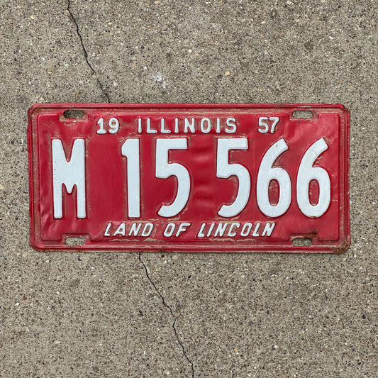 Photo of a 1957 Illinois Municipal License Plate Auto Tag 1 Vintage Garage M 15 566 with original patina