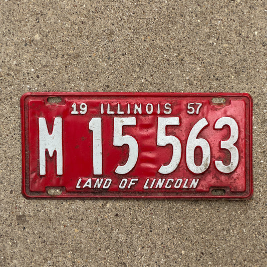 Photo of a 1957 Illinois Municipal License Plate Auto Tag 2 Vintage Garage M 15 563 with original patina
