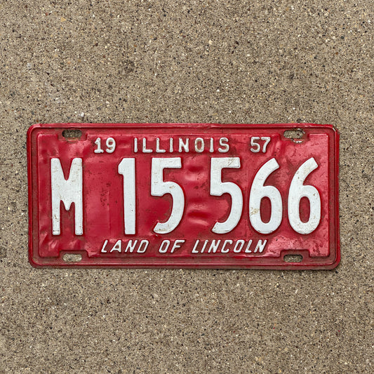 Photo of a 1957 Illinois Municipal License Plate Auto Tag 2 Vintage Garage M 15 566 with original patina
