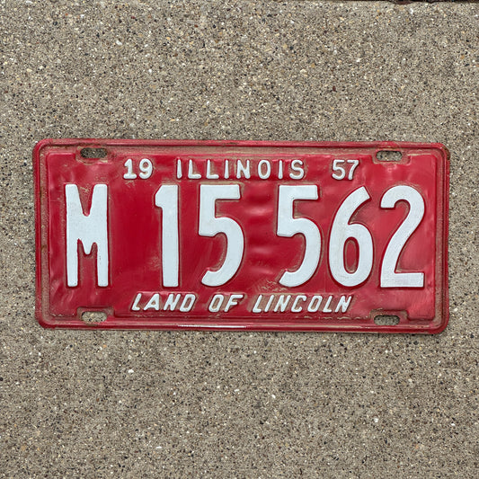 Photo of a 1957 Illinois Municipal License Plate Auto Tag Garage Decor Vintage M 15 562 with original patina