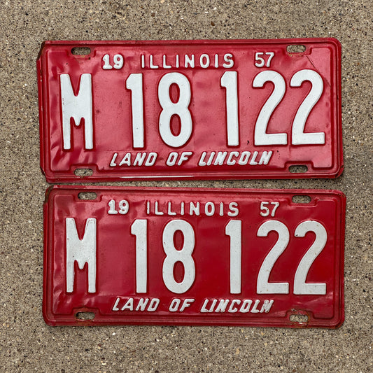 Photo of a 1957 Illinois Municipal License Plate Pair Auto Tag Garage Decor Vintage M 18 122 with original patina