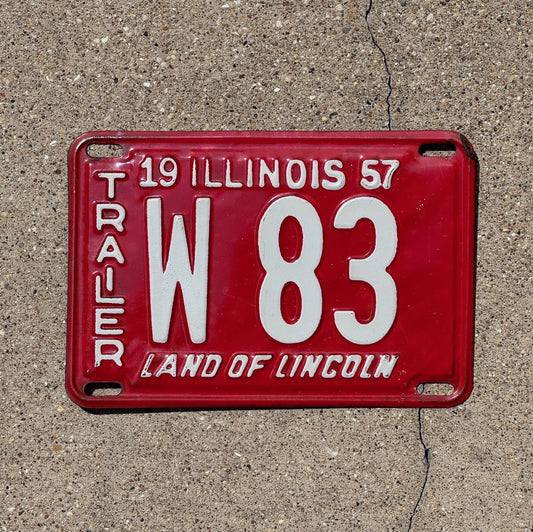 Photo of a 1957 Illinois Trailer License Plate Auto Tag Garage Decor Vintage Low Number Two Digit W 83 with original patina