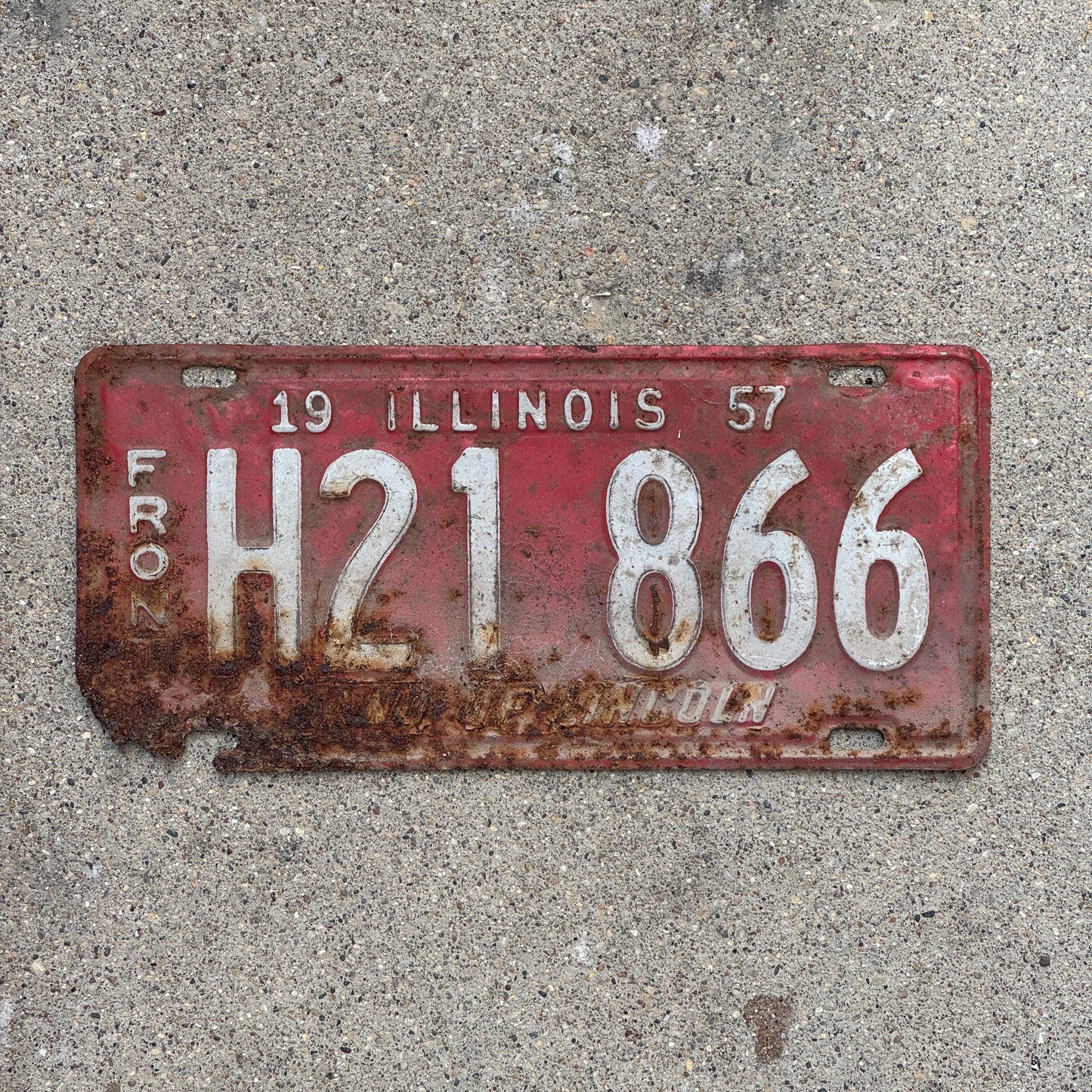 Photo of a 1957 Illinois Truck License Plate Auto Tag Garage Decor Vintage Front Plate H 21 866 with original patina