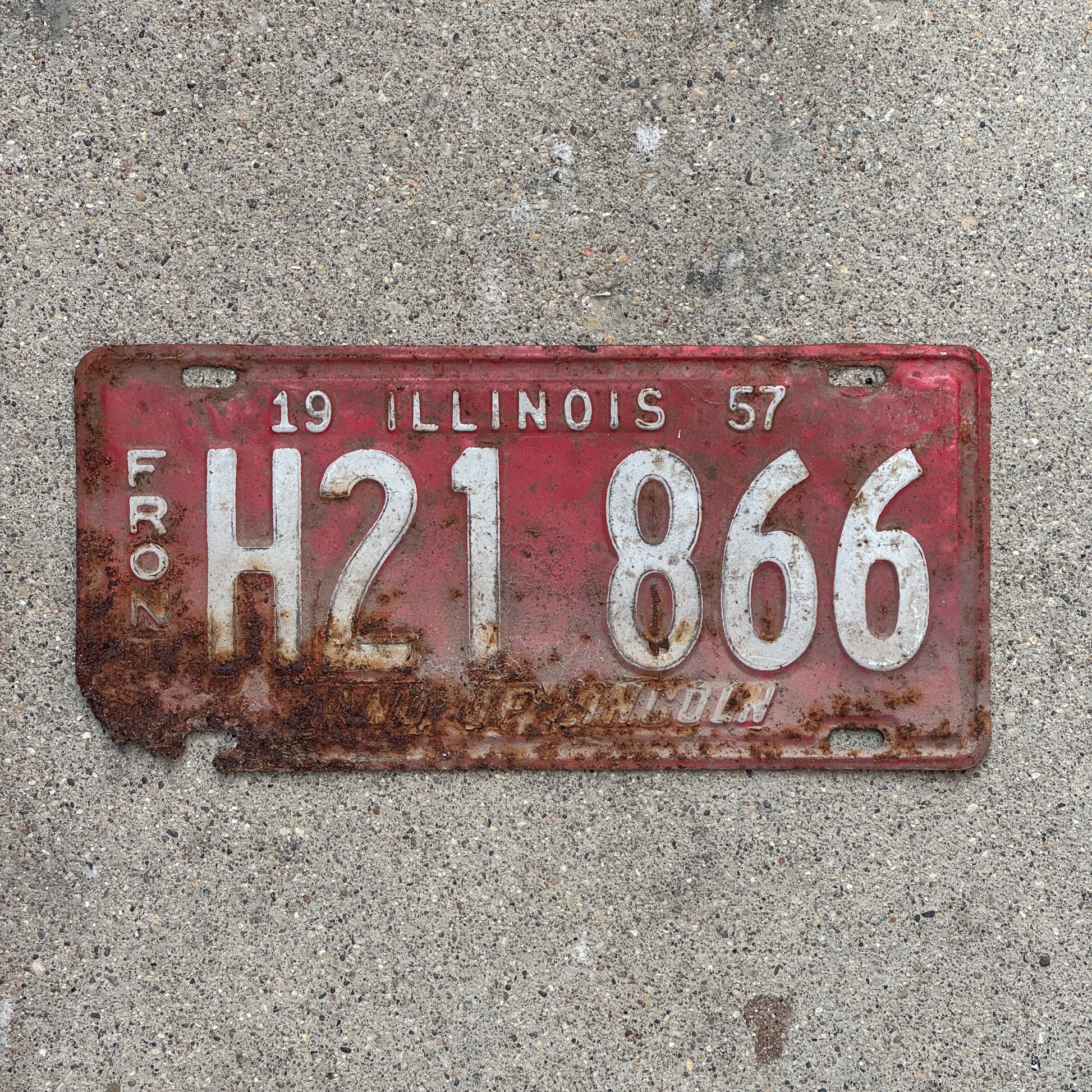 Photo of a 1957 Illinois Truck License Plate Auto Tag Garage Decor Vintage Front Plate H 21 866 with original patina