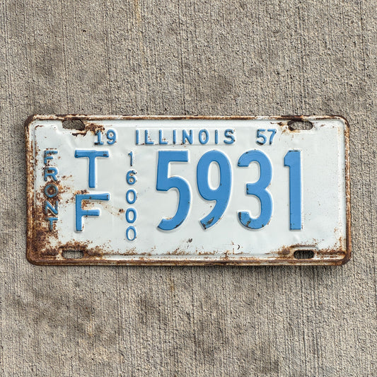 Photo of a 1957 Illinois Truck Mileage Tax License Plate Auto Tag Garage Decor Vintage 16000 LBS TF 5931 with original patina