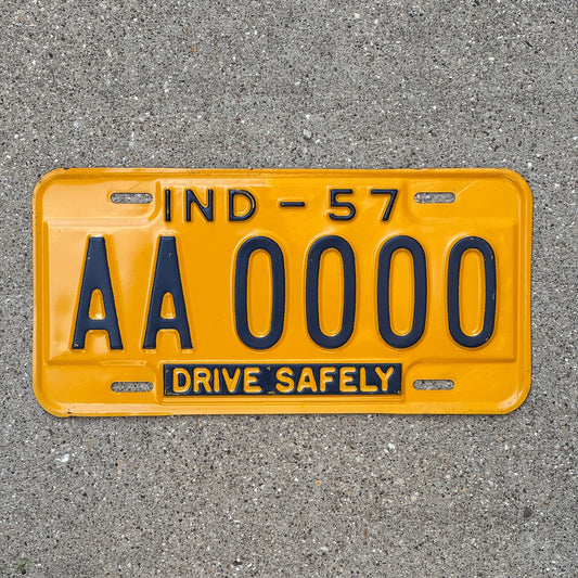 Photo of a 1957 Indiana Sample License Plate Auto Tag Garage Decor Vintage AA0000 with original patina