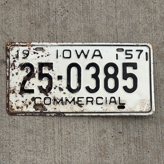 Photo of a 1957 Iowa Commercial License Plate Auto Tag Garage Decor Vintage 25 0385 with original patina