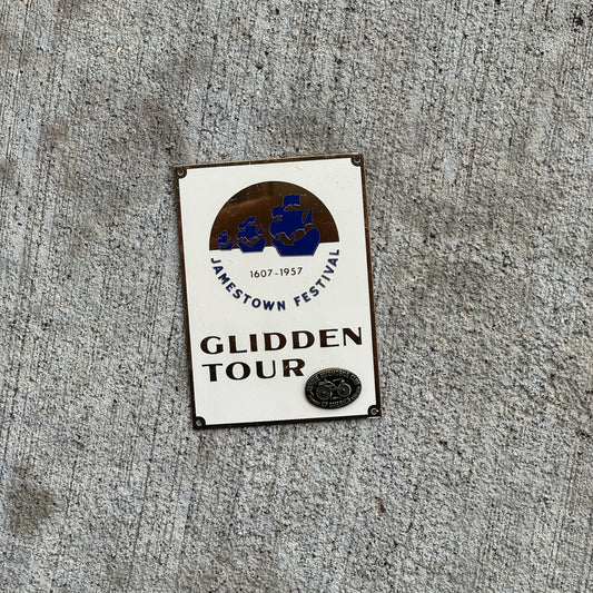 Photo of a 1957 Jamestown Glidden Tour Virginia Dash Plaque Auto Tag Garage Decor Vintage AACA with original patina