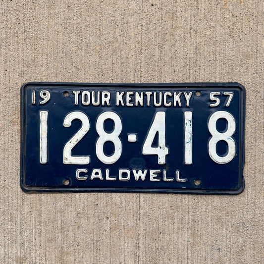 Photo of a 1957 Kentucky License Plate Auto Tag Garage Decor Vintage Caldwell County 128 418 with original patina