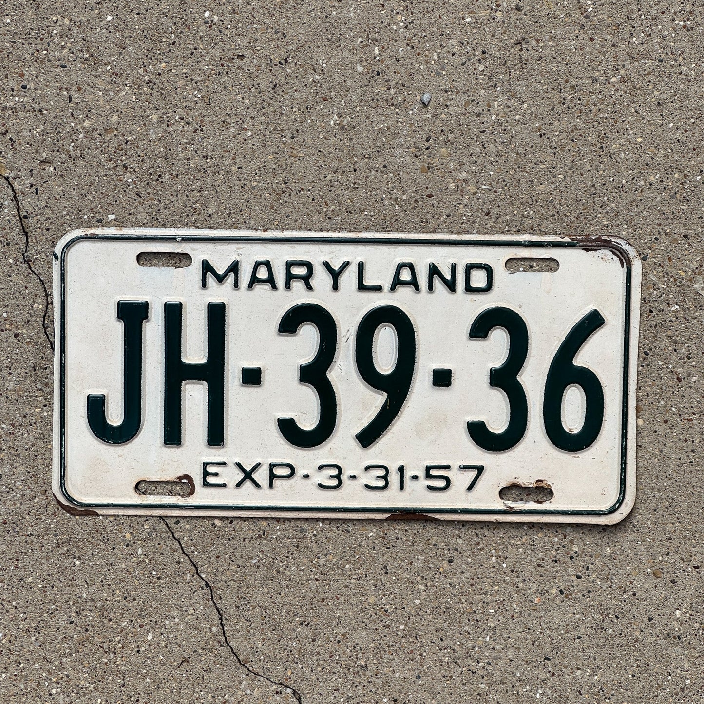 Photo of a 1957 Maryland License Plate Auto Tag Garage Decor Vintage JH 3936