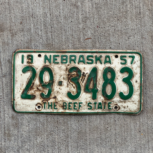 Photo of a 1957 Nebraska License Plate Auto Tag Garage Decor Vintage Beef State 29 3483 with original patina